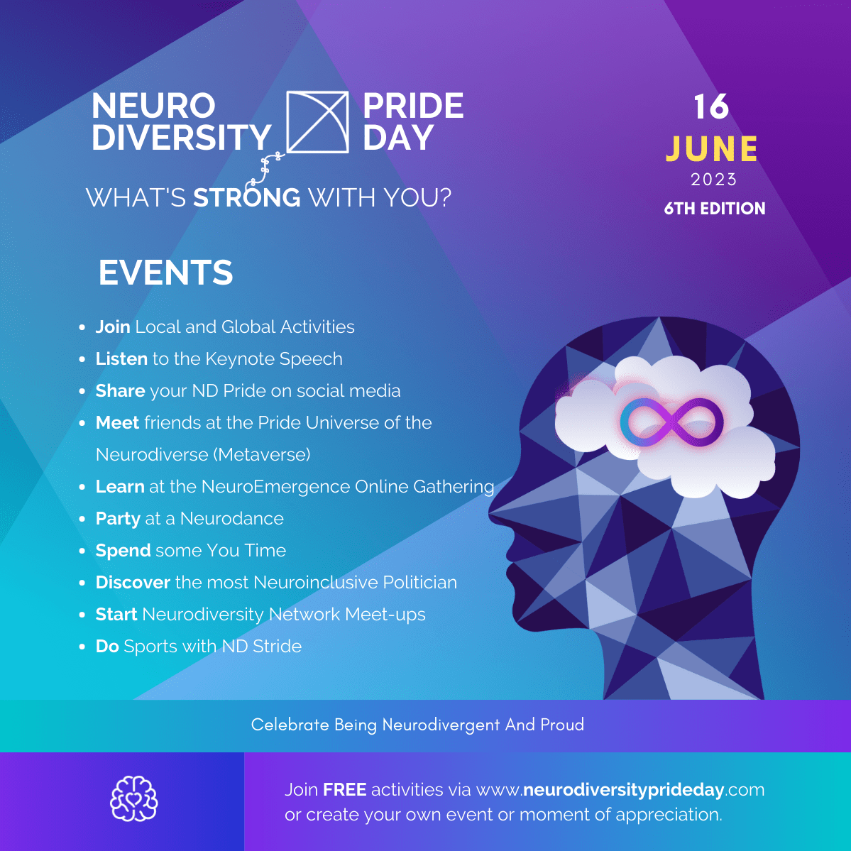 Neurodiversity Pride Day 2023: Celebrating Neurodivergent Pride. June 16th. Program